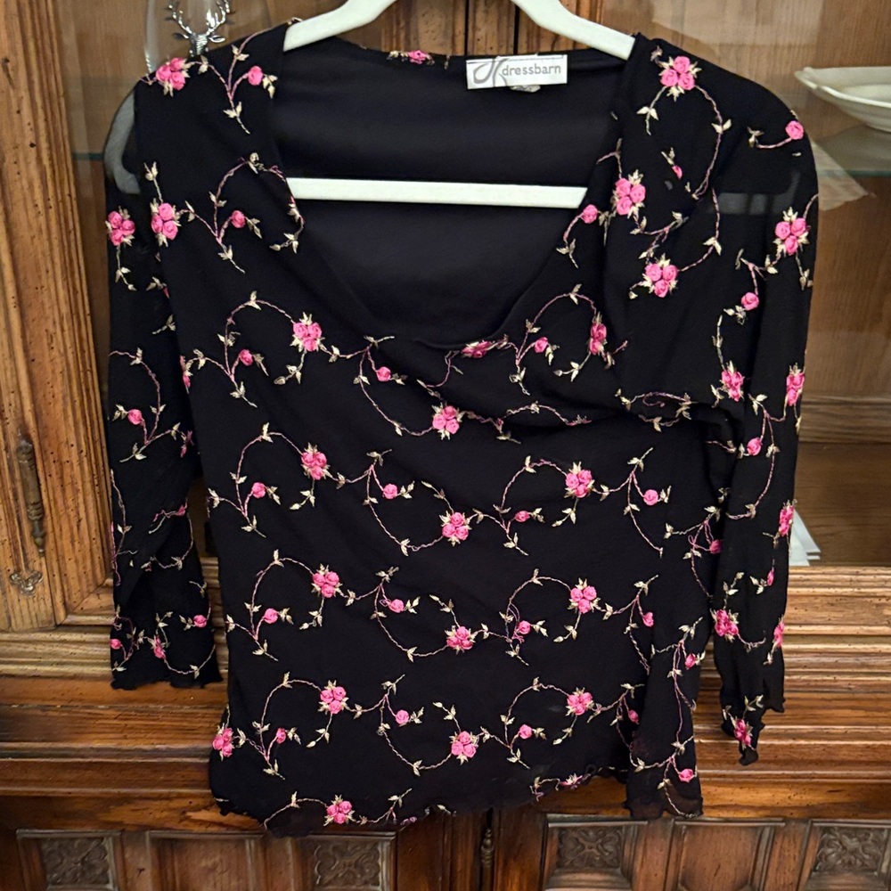 Dressbarn Black Top with Embroidered Pink Floral Design